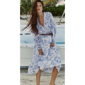 EUC ZARA SS24 WOMAN BELTED DRESS WITH PRINT AND RUFFLES BLUE WHITE 2298/077 M